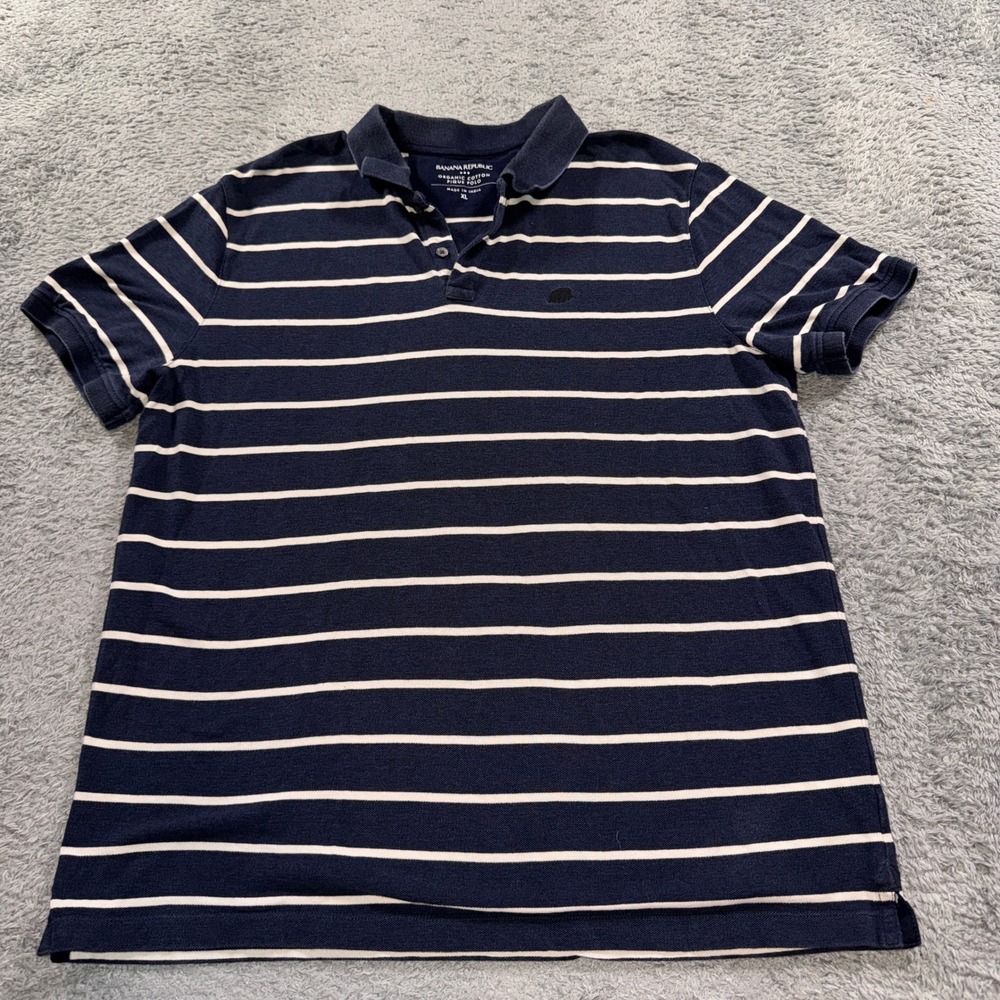 Banana Republic Organic Cotton Pique Polo Shirt XL Navy Blue White Stripe Mens
